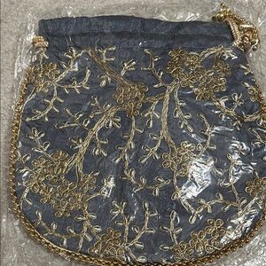 Gold Embroidered Floral Evening Pouch - Gray